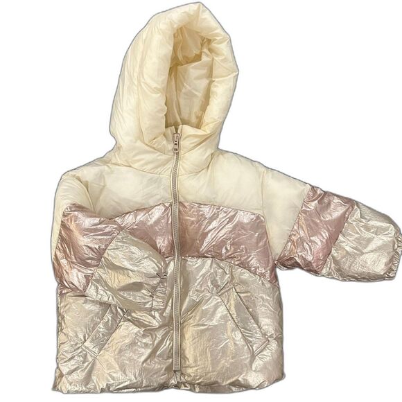 Zara Kids Girls Metallic Winter Hooded Puffer Jacket Pink White Size 4-5 Years
